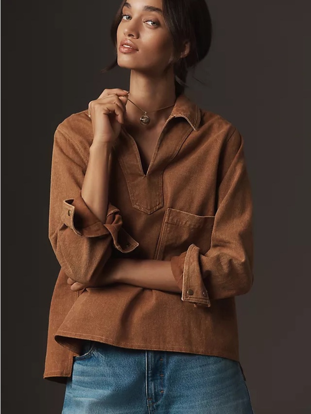 Relaxed Chest-Pocket Pullover Top — Brown